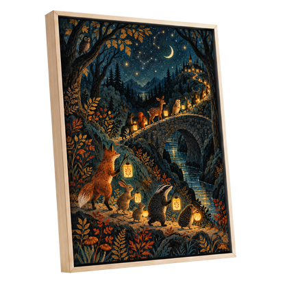 Lanternwood Procession, blue, black, gold nature wall art shown as a oak framed canvas wall art