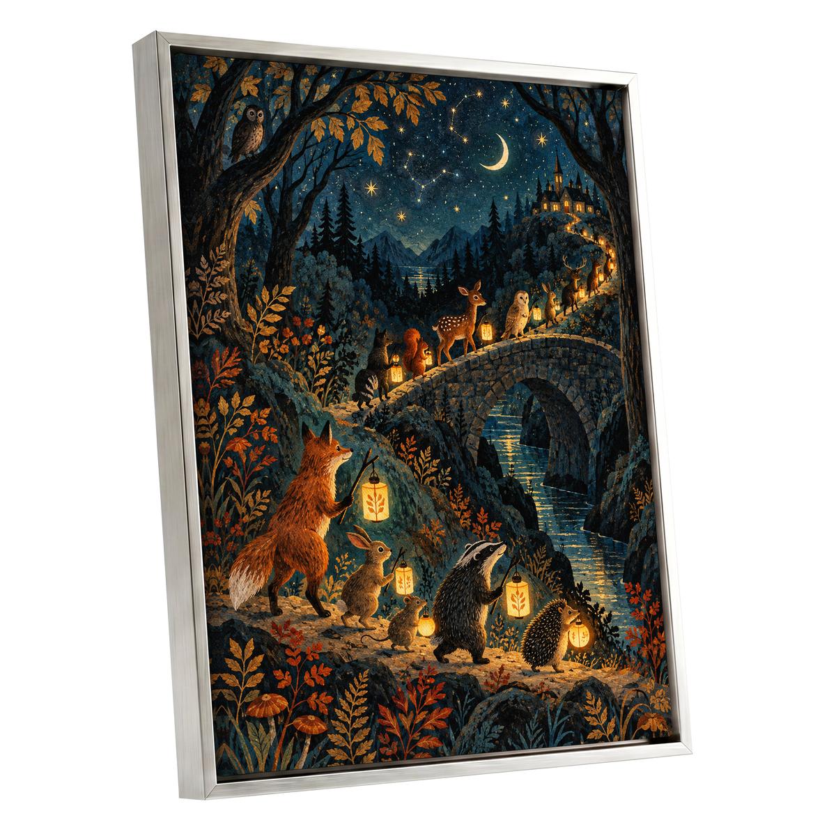 Lanternwood Procession, blue, black, gold nature wall art shown as a silver framed canvas wall art