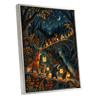 Lanternwood Procession, blue, black, gold nature wall art shown as a silver framed canvas wall art