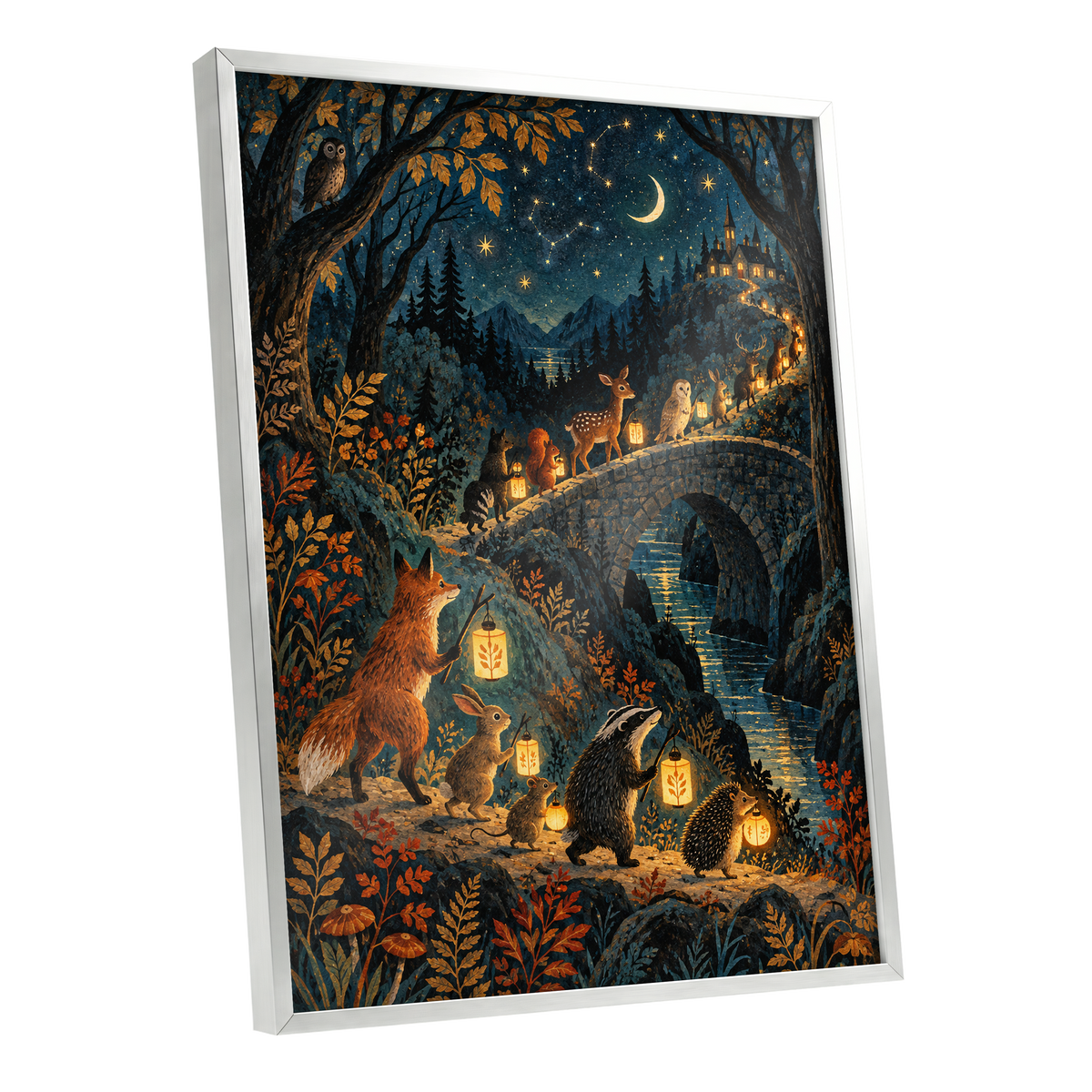 Lanternwood Procession, blue, black, gold nature wall art shown as a silver framed poster wall art print