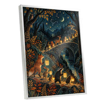 Lanternwood Procession, blue, black, gold nature wall art shown as a silver framed poster wall art print