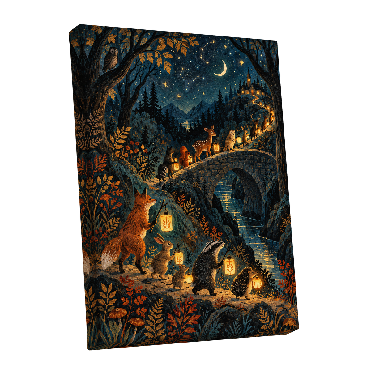 Lanternwood Procession, blue, black, gold nature wall art shown as a stretched canvas wall art