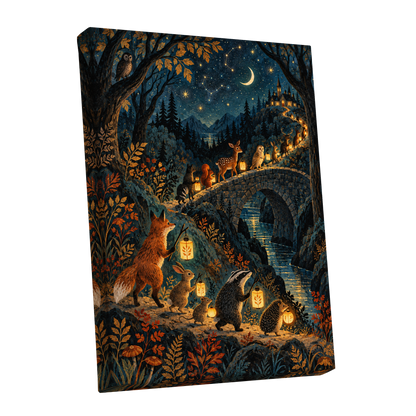 Lanternwood Procession, blue, black, gold nature wall art shown as a stretched canvas wall art