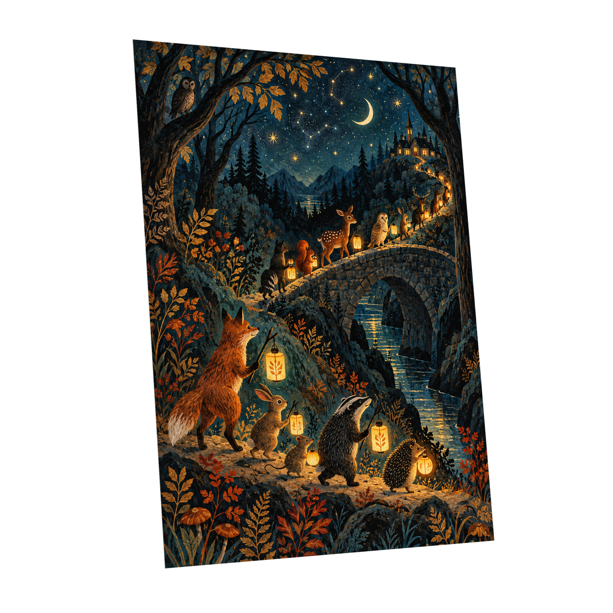 Lanternwood Procession, blue, black, gold nature wall art shown as a unframed poster wall art print
