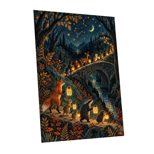 Lanternwood Procession, blue, black, gold nature wall art shown as a unframed poster wall art print