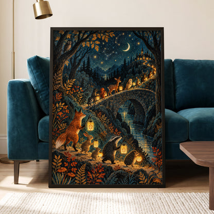Lanternwood Procession, blue, black, gold nature wall art displayed in a styled interior, gallery view 2