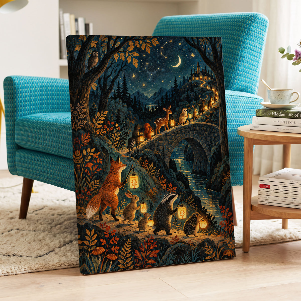 Lanternwood Procession, blue, black, gold nature wall art displayed in a styled interior, gallery view 3