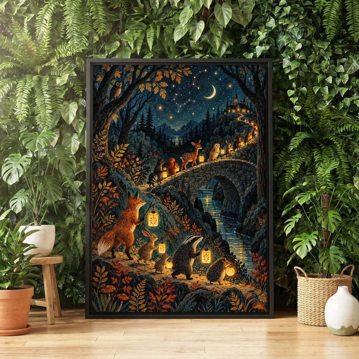 Lanternwood Procession, blue, black, gold nature wall art displayed in a styled interior, gallery view 4