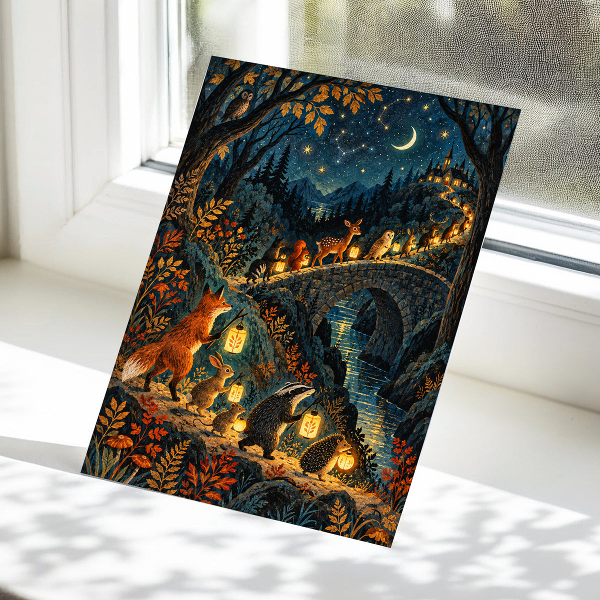 Lanternwood Procession, blue, black, gold nature wall art displayed in a styled interior, gallery view 5