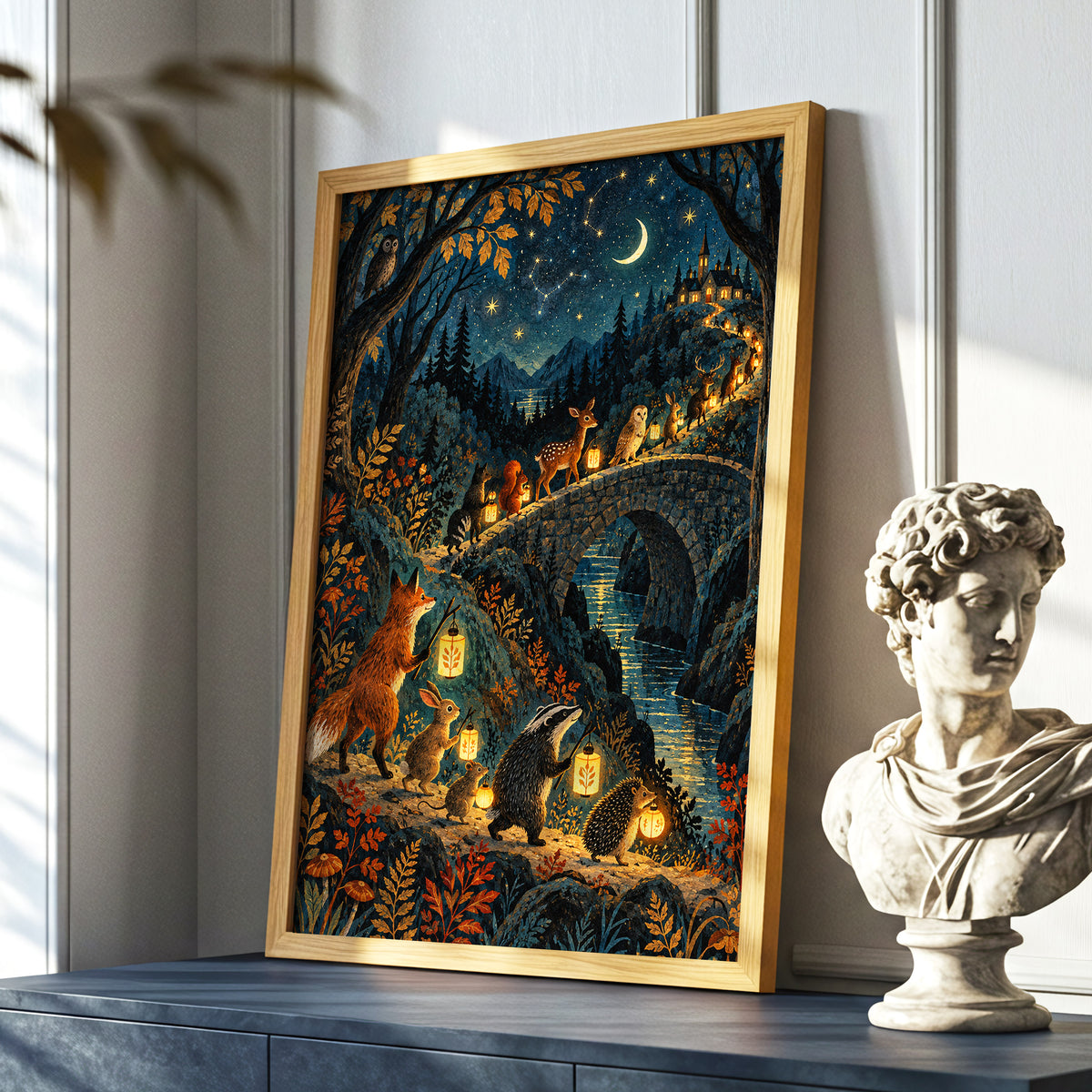 Lanternwood Procession, blue, black, gold nature wall art displayed in a styled interior, gallery view 6