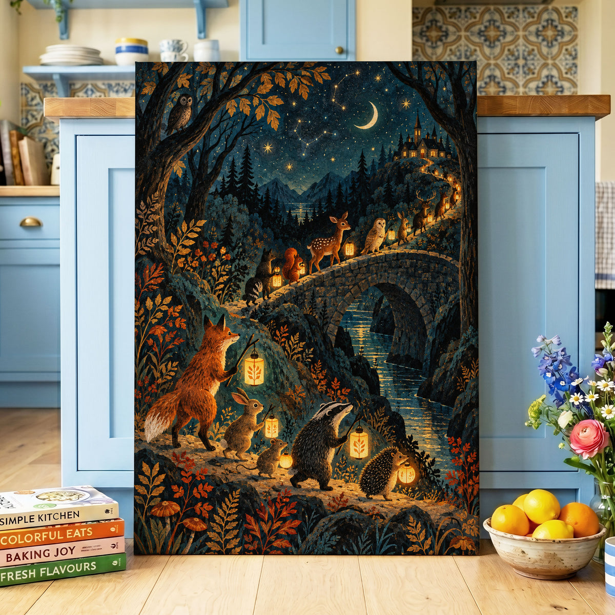 Lanternwood Procession, blue, black, gold nature wall art displayed in a styled interior, gallery view 7
