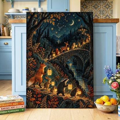 Lanternwood Procession, blue, black, gold nature wall art displayed in a styled interior, gallery view 7