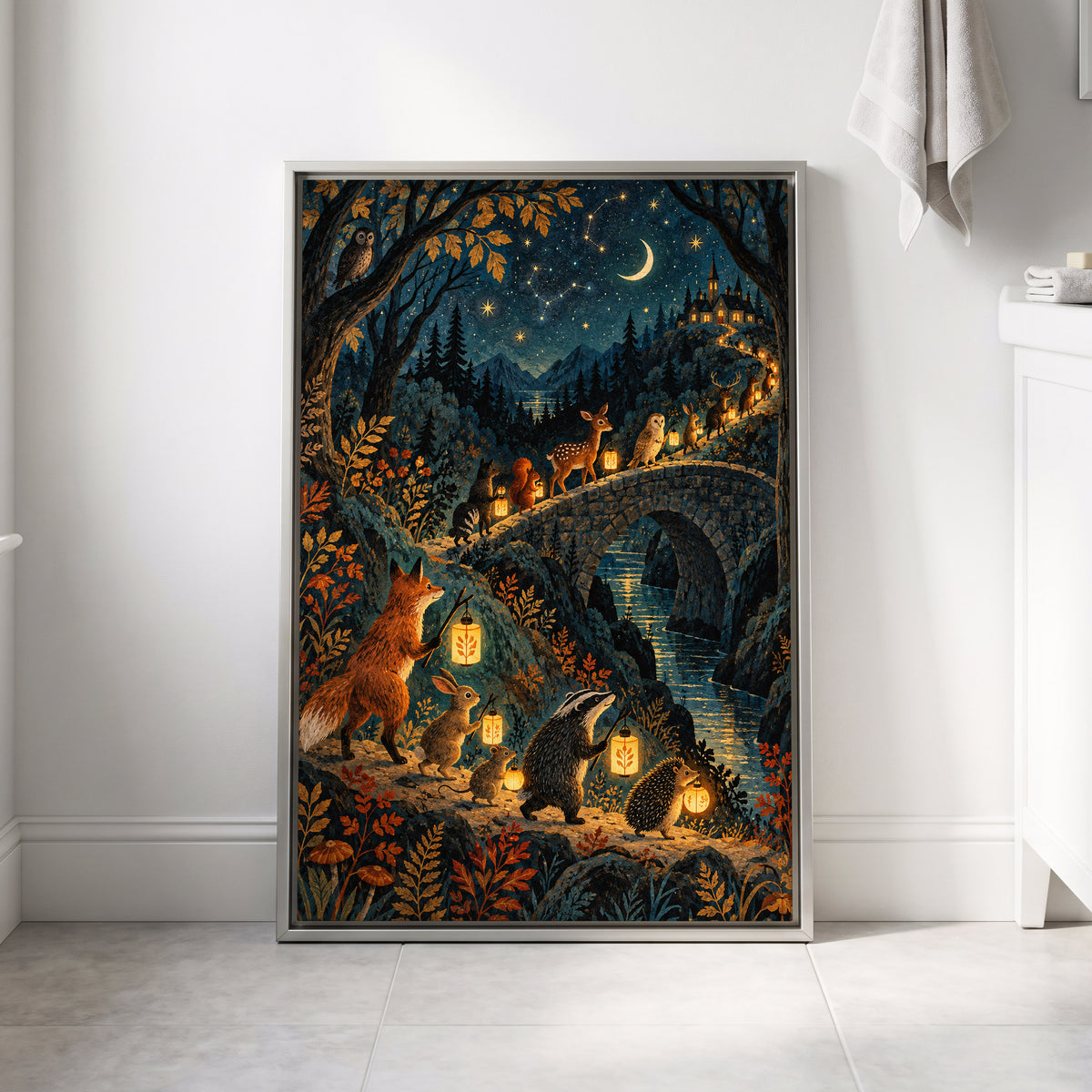 Lanternwood Procession, blue, black, gold nature wall art displayed in a styled interior, gallery view 8
