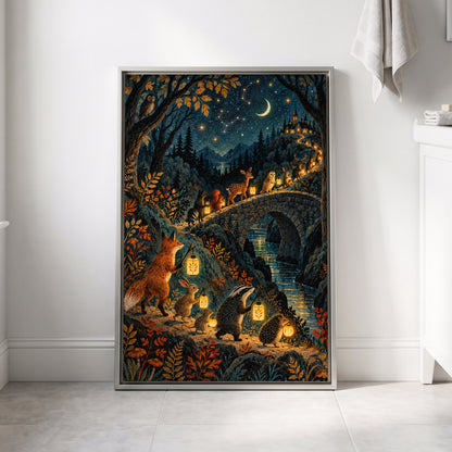 Lanternwood Procession, blue, black, gold nature wall art displayed in a styled interior, gallery view 8