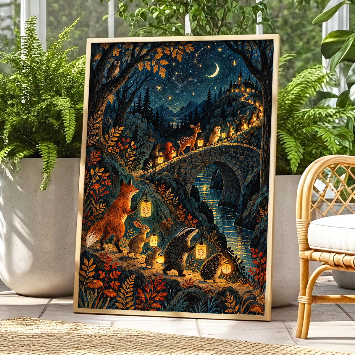 Lanternwood Procession, blue, black, gold nature wall art displayed in a styled interior, gallery view 9