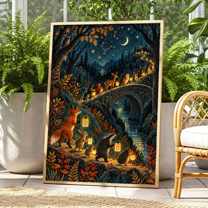 Lanternwood Procession, blue, black, gold nature wall art displayed in a styled interior, gallery view 9