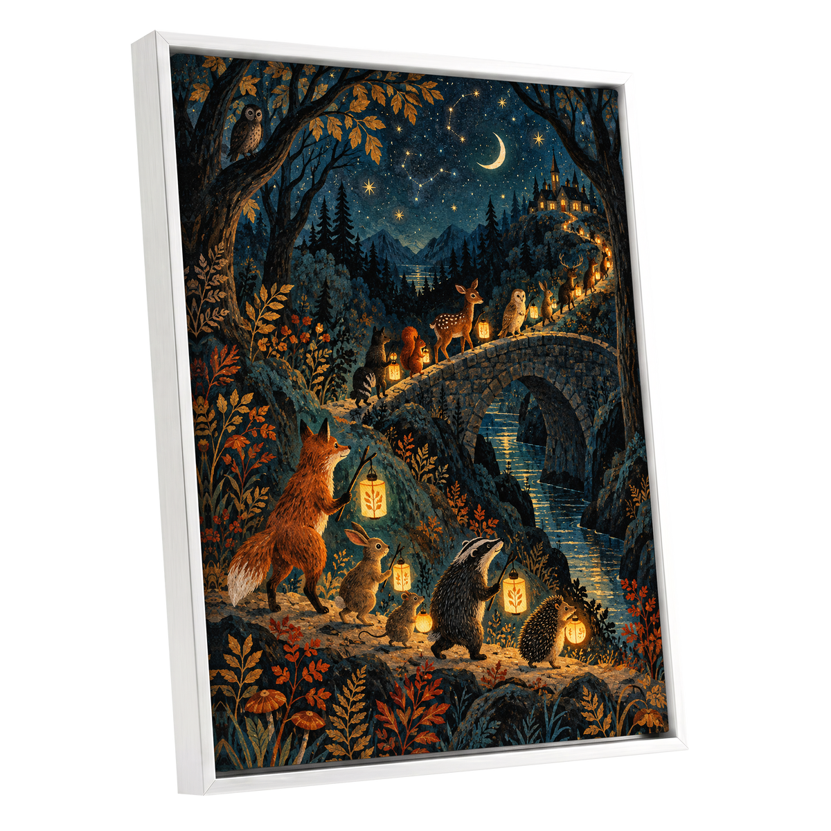 Lanternwood Procession, blue, black, gold nature wall art shown as a white framed canvas wall art