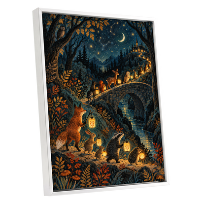 Lanternwood Procession, blue, black, gold nature wall art shown as a white framed canvas wall art