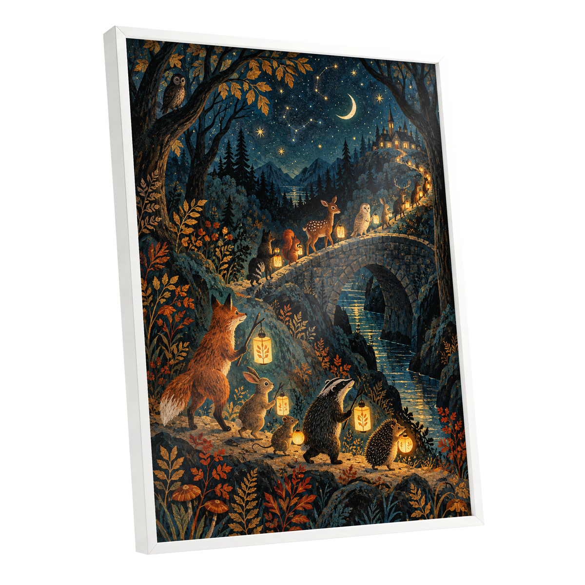 Lanternwood Procession, blue, black, gold nature wall art shown as a white framed poster wall art print
