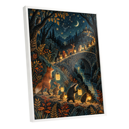 Lanternwood Procession, blue, black, gold nature wall art shown as a white framed poster wall art print