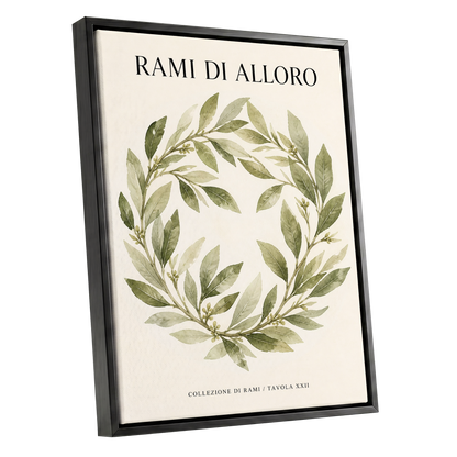 Laurel Circle, green, beige, black nature wall art shown as a black framed canvas wall art