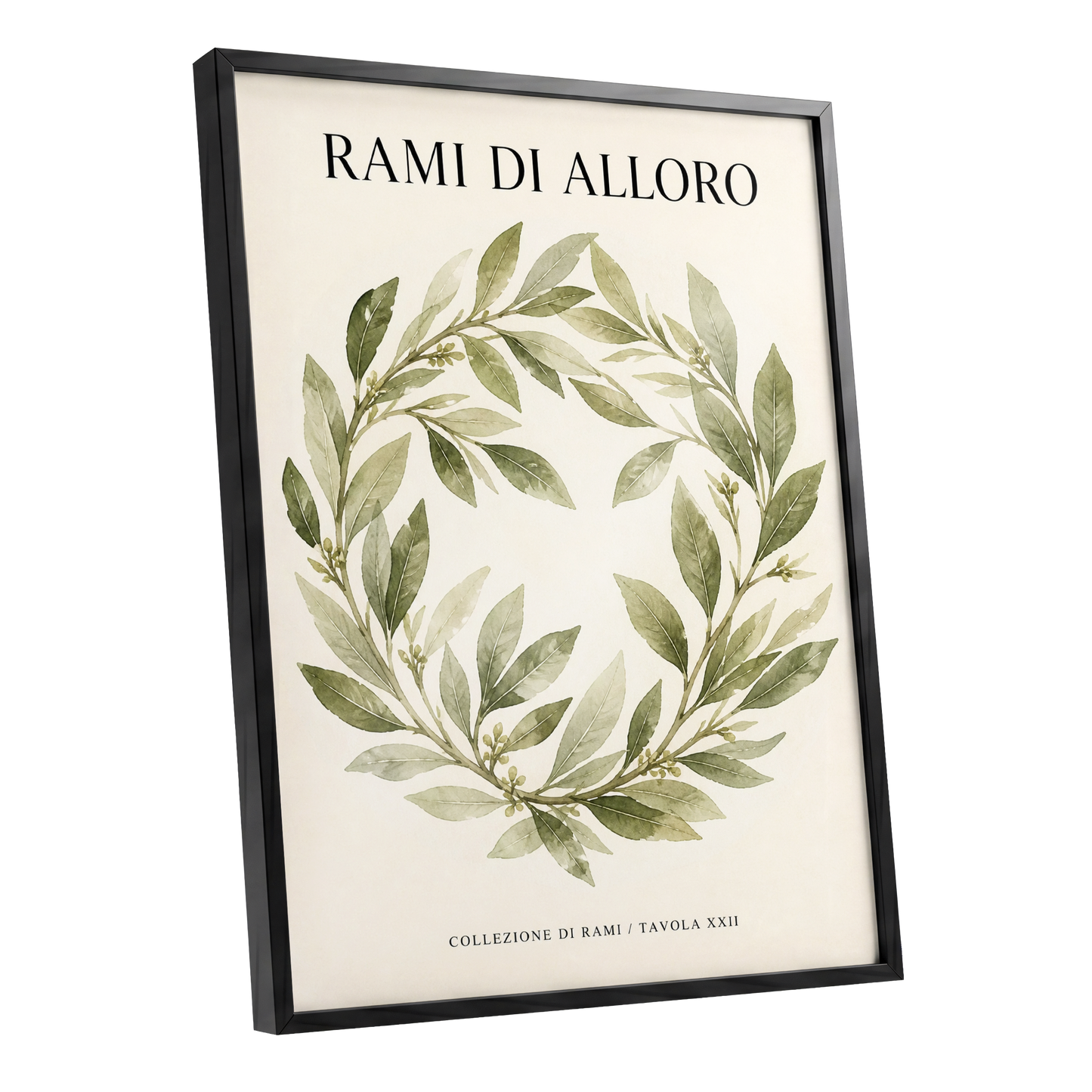 Laurel Circle, green, beige, black nature wall art shown as a black framed poster wall art print