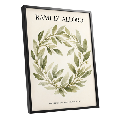 Laurel Circle, green, beige, black nature wall art shown as a black framed poster wall art print
