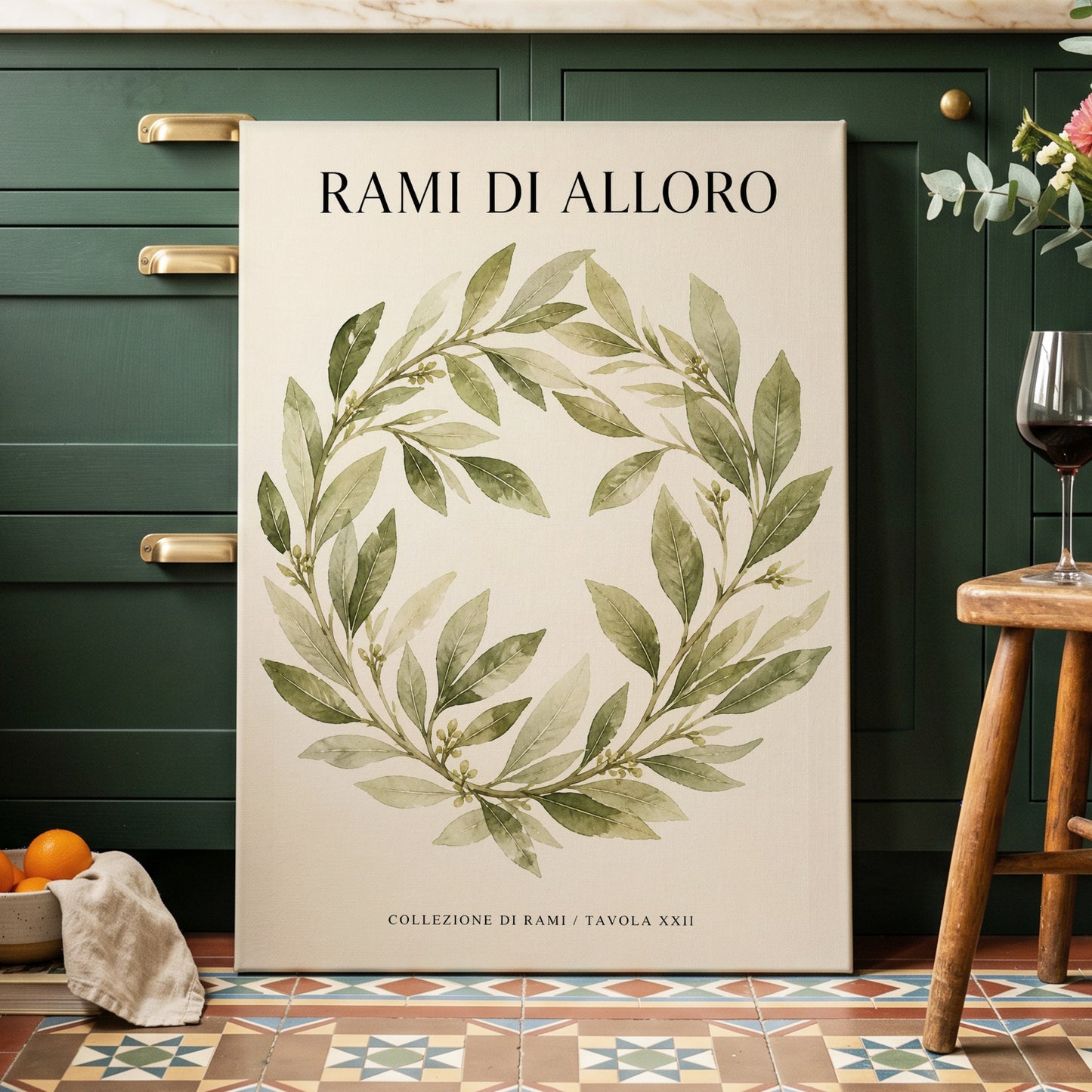 Laurel Circle, green, beige, black nature wall art on canvas displayed in a styled interior, gallery view 1