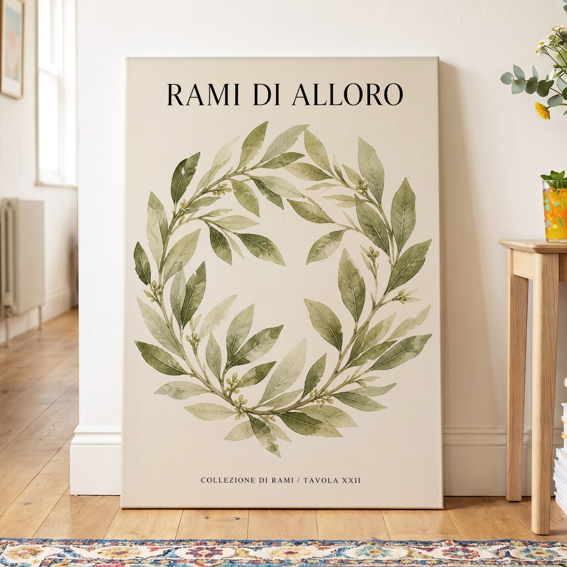 Laurel Circle, green, beige, black nature wall art on canvas displayed in a styled interior, gallery view 2