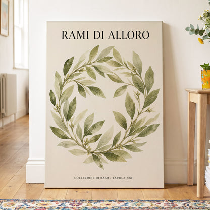 Laurel Circle, green, beige, black nature wall art on canvas displayed in a styled interior, gallery view 2