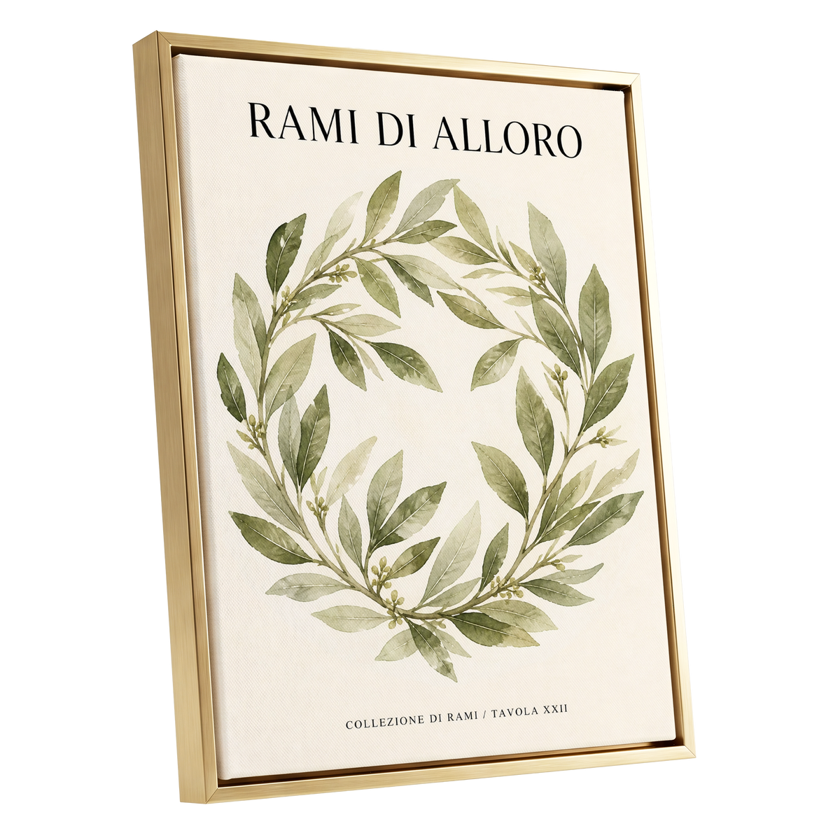 Laurel Circle, green, beige, black nature wall art shown as a gold framed canvas wall art