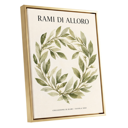 Laurel Circle, green, beige, black nature wall art shown as a gold framed canvas wall art