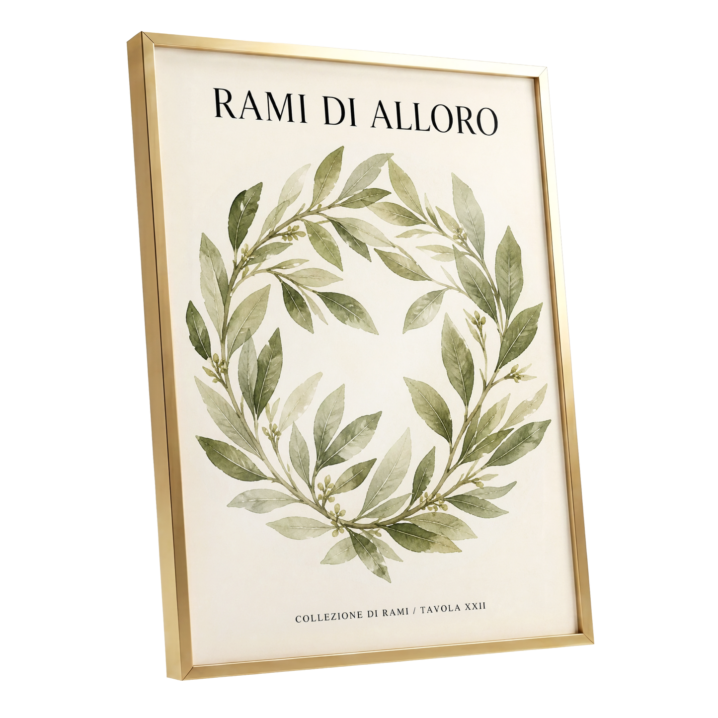 Laurel Circle, green, beige, black nature wall art shown as a gold framed poster wall art print