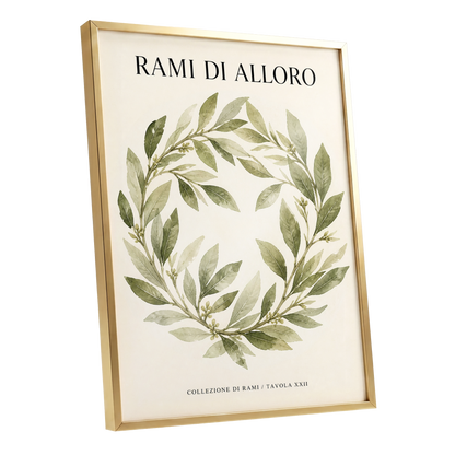 Laurel Circle, green, beige, black nature wall art shown as a gold framed poster wall art print