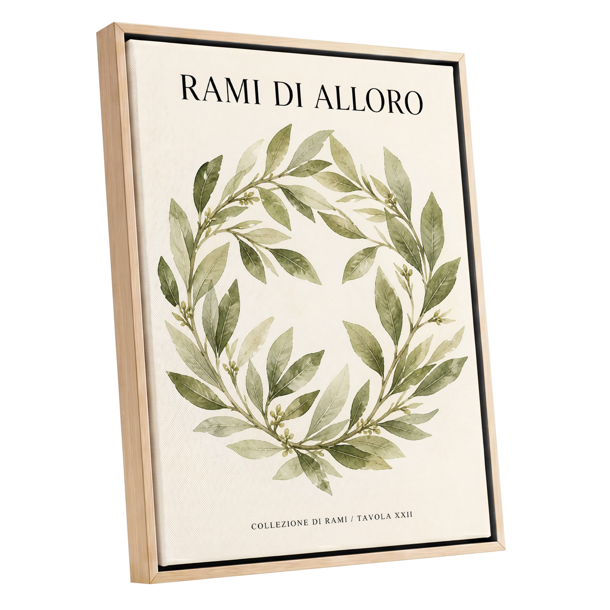 Laurel Circle, green, beige, black nature wall art shown as a oak framed canvas wall art