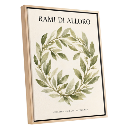 Laurel Circle, green, beige, black nature wall art shown as a oak framed canvas wall art