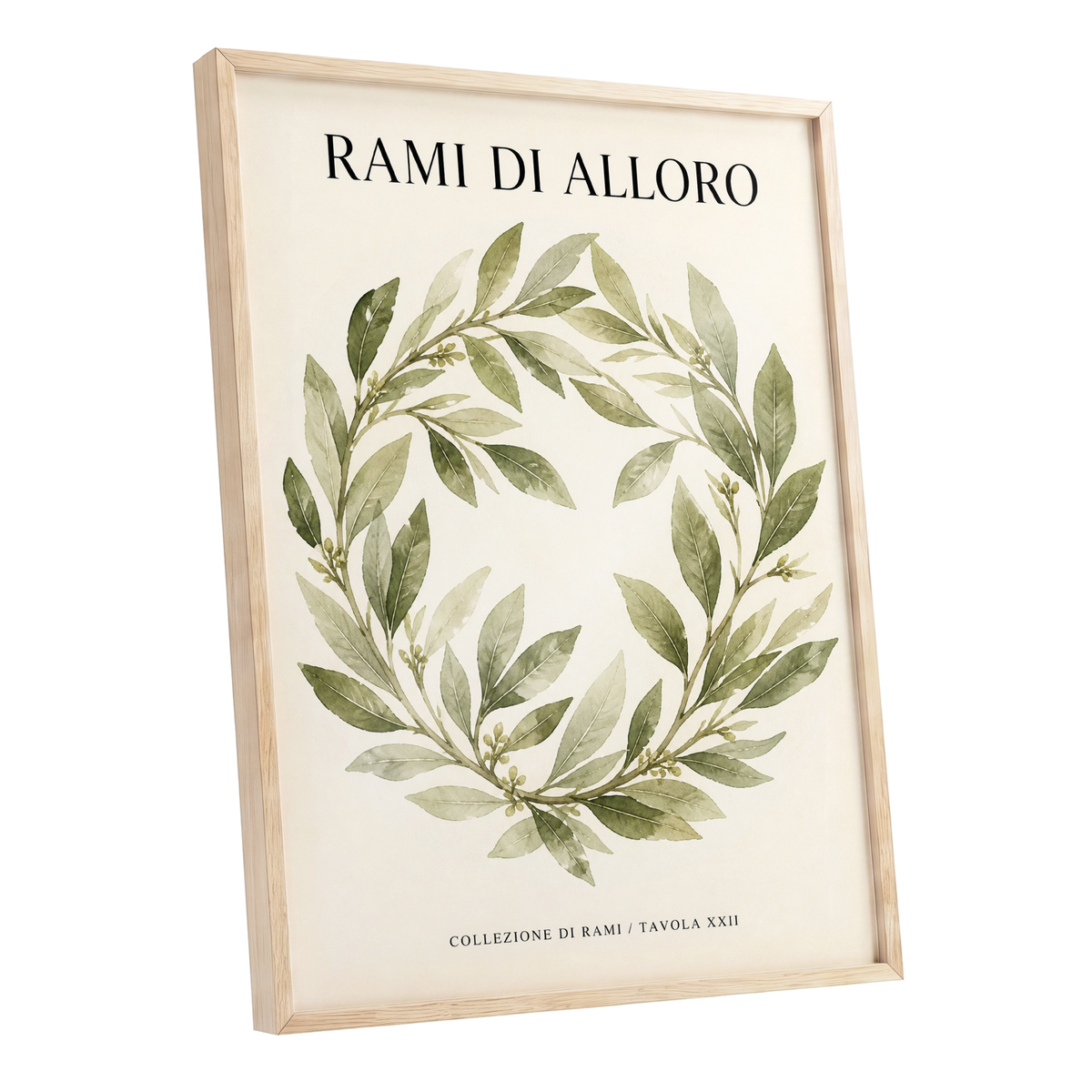 Laurel Circle, green, beige, black nature wall art shown as a oak framed poster wall art print