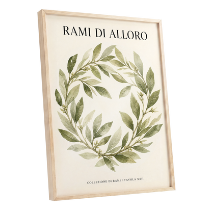 Laurel Circle, green, beige, black nature wall art shown as a oak framed poster wall art print