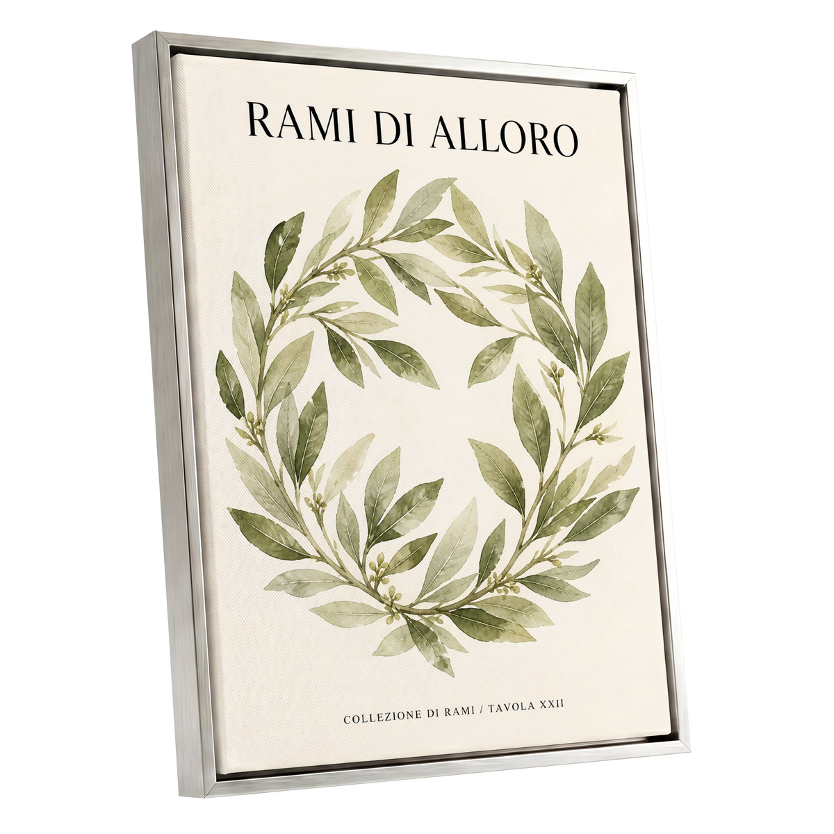 Laurel Circle, green, beige, black nature wall art shown as a silver framed canvas wall art