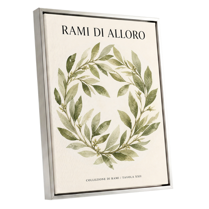 Laurel Circle, green, beige, black nature wall art shown as a silver framed canvas wall art