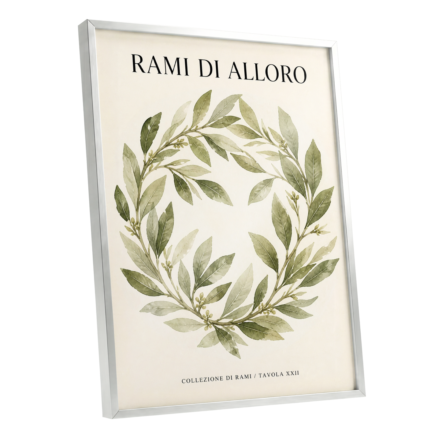 Laurel Circle, green, beige, black nature wall art shown as a silver framed poster wall art print