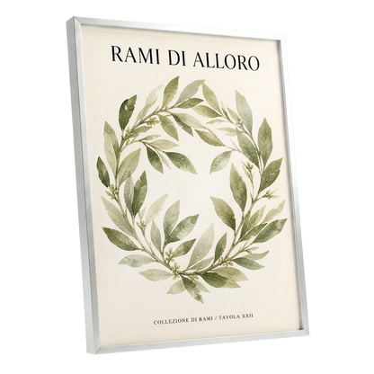 Laurel Circle, green, beige, black nature wall art shown as a silver framed poster wall art print