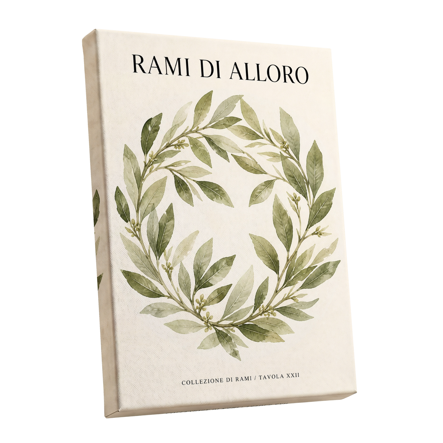 Laurel Circle, green, beige, black nature wall art shown as a stretched canvas wall art