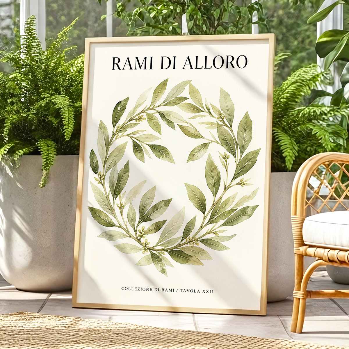 Laurel Circle, green, beige, black nature wall art displayed in a styled interior, gallery view 1