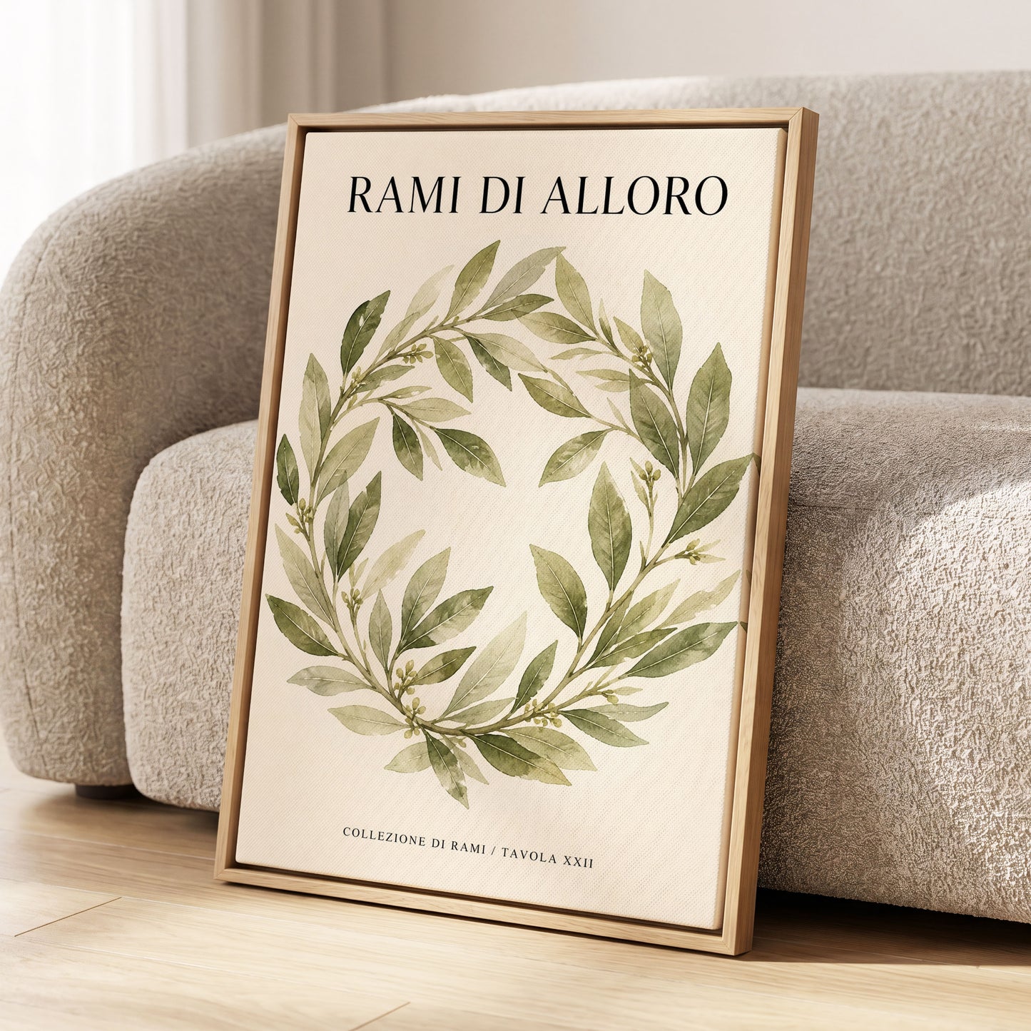 Laurel Circle, green, beige, black nature wall art displayed in a styled interior, gallery view 2