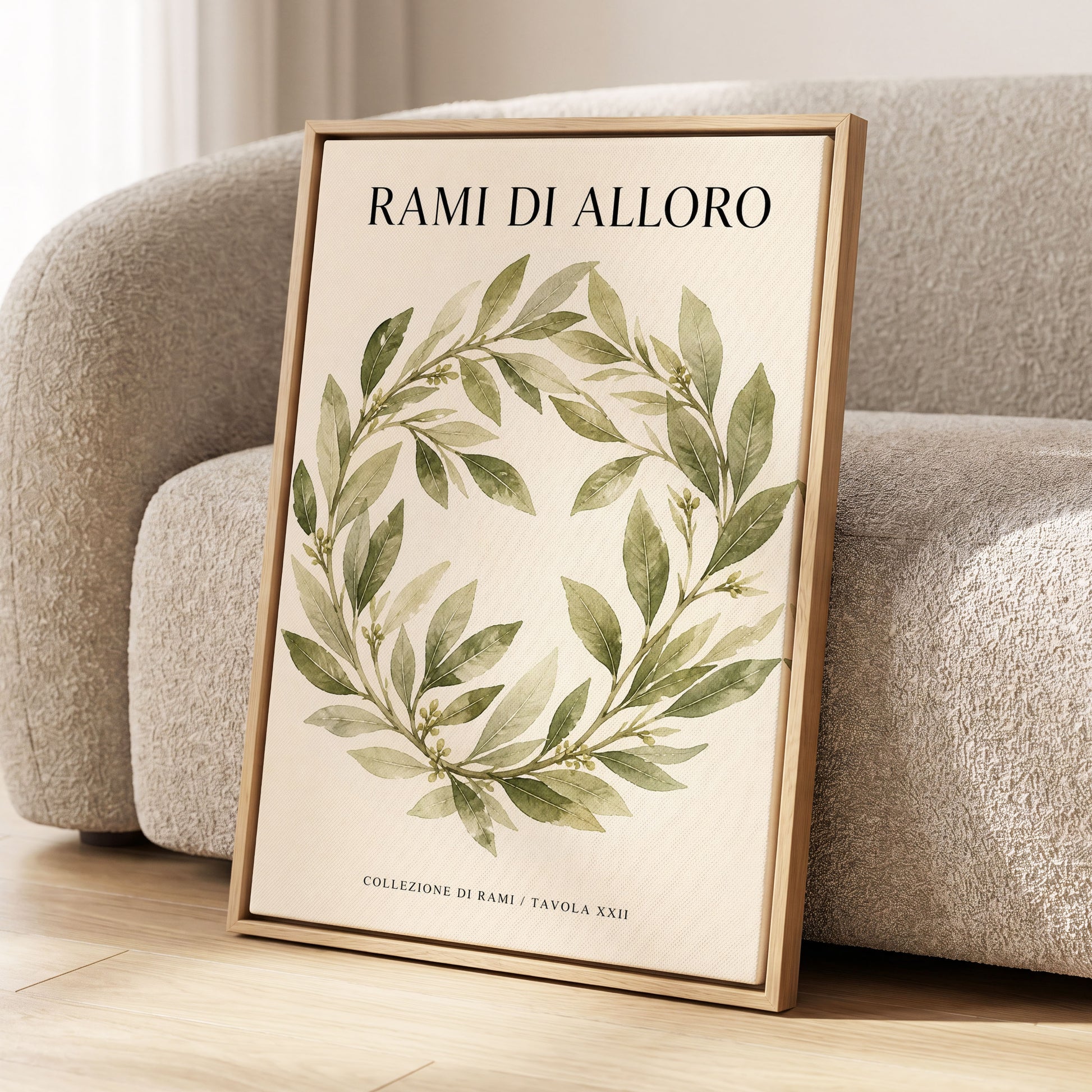 Laurel Circle, green, beige, black nature wall art displayed in a styled interior, gallery view 2