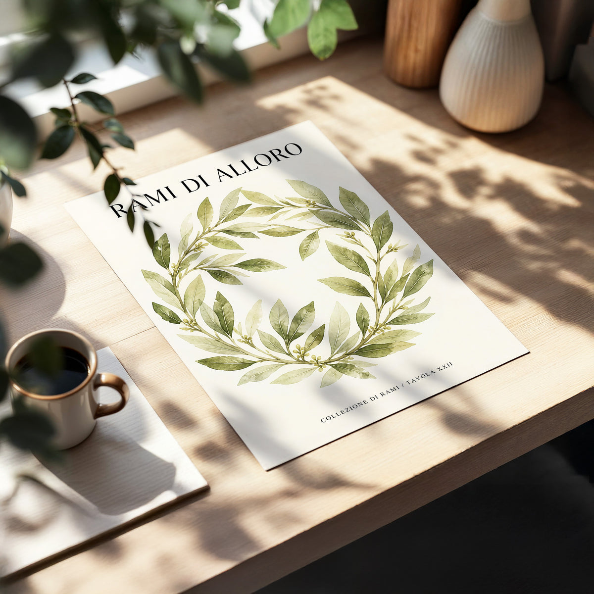 Laurel Circle, green, beige, black nature wall art displayed in a styled interior, gallery view 3