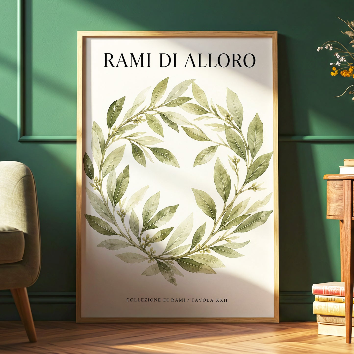 Laurel Circle, green, beige, black nature wall art displayed in a styled interior, gallery view 6