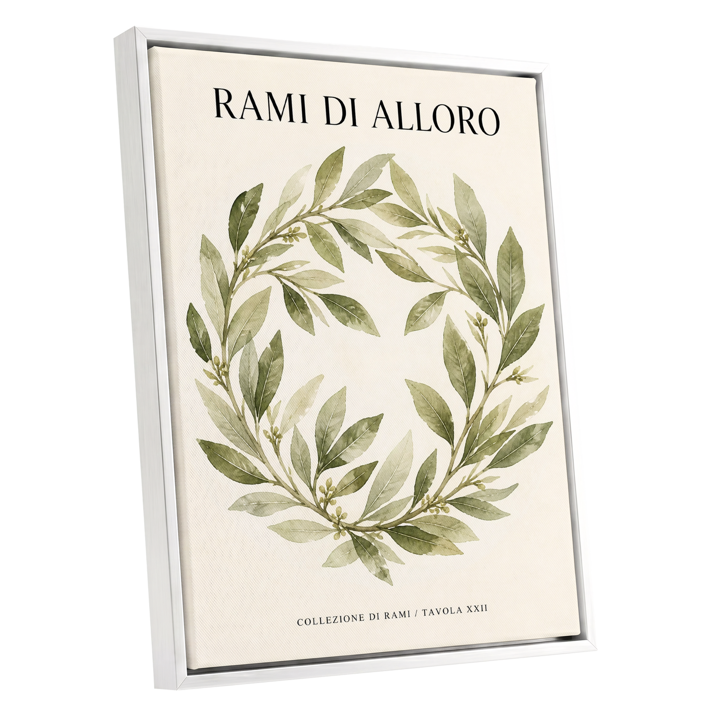Laurel Circle, green, beige, black nature wall art shown as a white framed canvas wall art