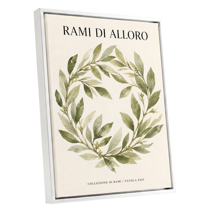 Laurel Circle, green, beige, black nature wall art shown as a white framed canvas wall art
